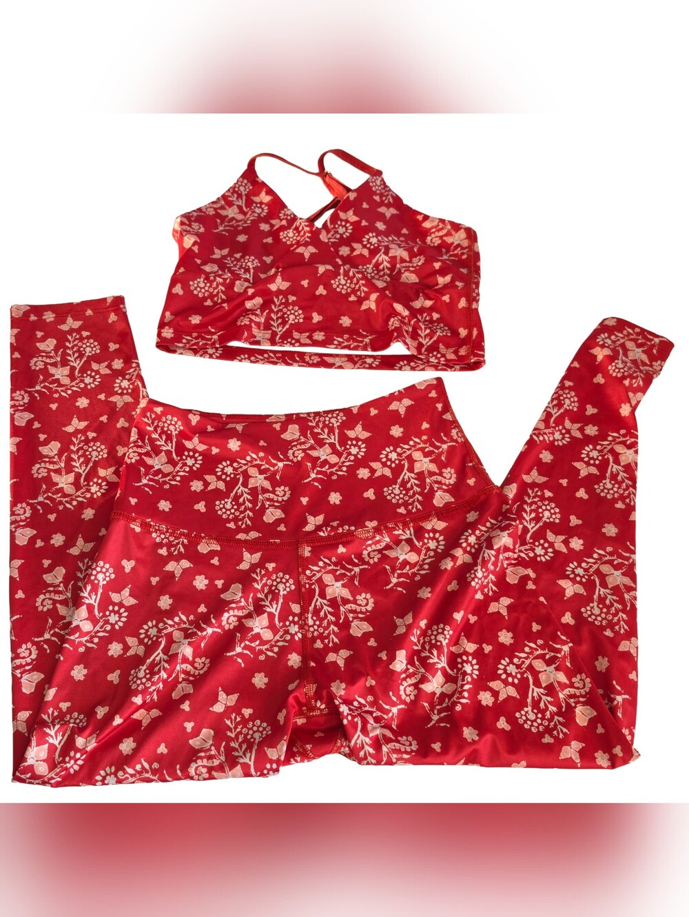 Beyond Yoga Batik Blooms Coral Red Floral Sports Bra Leggings 2pc set M